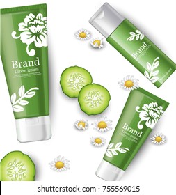 Cucumber and chamomile cosmetics mock up packaging. Brand label design Vector realistic illustration