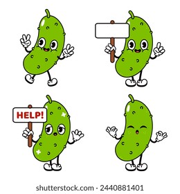 Cucumber character bundle set. Vector hand drawn doodle style traditional cartoon vintage, retro character illustration icon design. Isolated white background. Cucumber mascot character