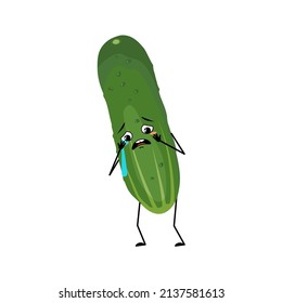 Cucumber character with crying and tears emotion, sad face, depressive eyes, arms and legs. Person with melancholy expression, green vegetable emoticon. Vector flat illustration