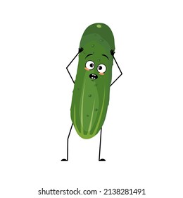 Cucumber character with emotions in panic grabs his head, surprised face, shocked eyes, arms and legs. Person with scared expression, green vegetable or emoticon. Vector flat illustration