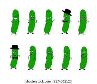 cucumber character with funny face. Happy cute cartoon  emoji set. Cute and funny comic style. Flat cartoon. cucumber vector illustration isolated on white background. 