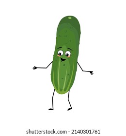 Cucumber character with happy emotion, joyful face, smile eyes, arms and legs. Person with expression, green vegetable or emoticon. Vector flat illustration