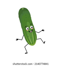 Cucumber character with happy emotion, joyful face, smile eyes, arms and legs. Person with expression, green vegetable or emoticon. Vector flat illustration