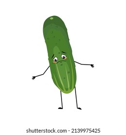 Cucumber character with sad emotions, depressed face, down eyes, arms and legs. Person with melancholy expression, green vegetable emoticon. Vector flat illustration