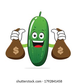 The cucumber character smiles carrying bags of money on a white background - vector
