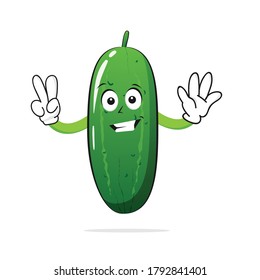 The cucumber character smiles with two fingers up on the white background - vector
