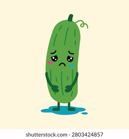 Cucumber character stands alone in kitchen with sad face