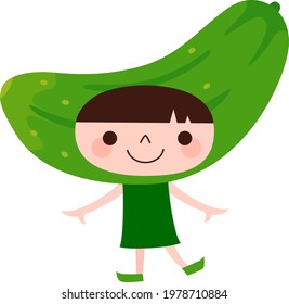Cucumber character of summer vegetables. Illustration of a child dancing in a cucumber headgear.