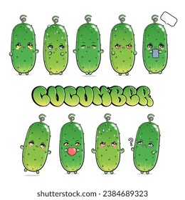 Cucumber characters bundle set. Vector hand drawn doodle style cartoon character illustration icon design. Isolated on white background. Cute Cucumber mascot character collection