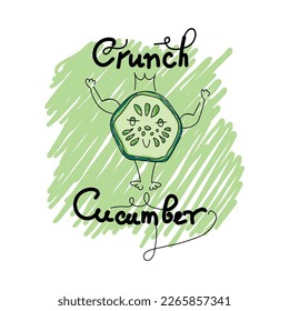 A cucumber circle with muscles is drawn with strokes and lines. Crispy cucumber for sticker, poster, icon, advertising design
