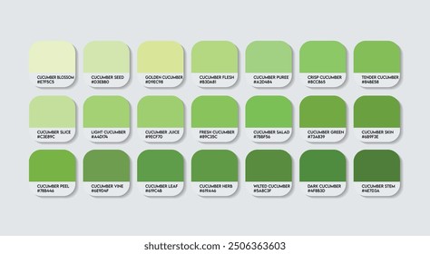 Gurken-Farbpalette, Gurken-Grün-Farbleitpalette mit Farbnamen. Katalog Muster der grünen Metallfarben mit RGB HEX Codes. Verkleidungsblatt Grüne Farbe, Mode Trend Gurken Farbtöne