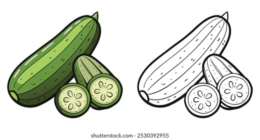 Cucumber Coloring Book. Vegetable Coloring Page For Kids. Cucumber Vector Illustration Design On White Background