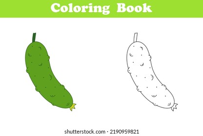 Cucumber coloring page. Coloring book for children with colorful cucumber and sketch to color. Preschool education. Vector illustration. 