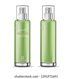 Cucumber cosmetics collection Vector realistic. Moisturizer hydration cosmetics. Product packaging mockup. Detailed green bottles with label design. 3d template illustrations