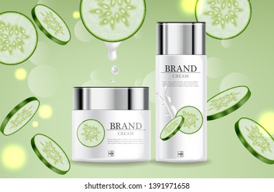 Cucumber cream collection Vector realistic. Moisturizer hydration cosmetics. Product packaging mockup. Detailed white bottles with label design. 3d template illustrations