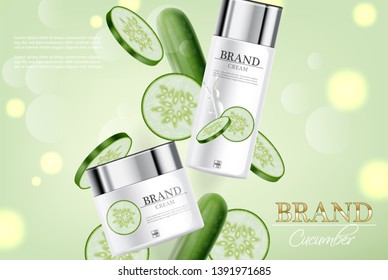 Cucumber cream collection Vector realistic. Moisturizer hydration cosmetics. Product packaging mockup. Detailed white bottles with label design. 3d template illustrations