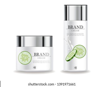 Cucumber cream moisturizer hydration Vector realistic. Product packaging mockup cosmetics. Detailed white bottles with label design. 3d template illustrations