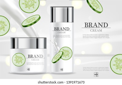 Gurken Creme Feuchtigkeitscreme Feuchtigkeit Vektor realistisch. Produktverpackung Mockup Kosmetik. Detaillierte weiße Flaschen mit Etikettendesign. Illustrationen mit 3D-Vorlagen