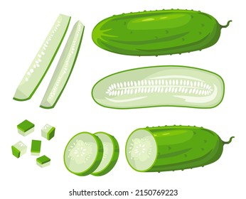 Cucumber cut into pieces and sliced, isolated icon of vegetable, cubes and sticks. Healthy eating and dieting, nourishment and nutrition full of vitamins. Nutrients and antioxidants. Vector in flat