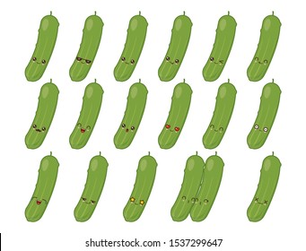 Cucumber cute kawaii mascot. Set kawaii food faces expressions smile emoticons. 