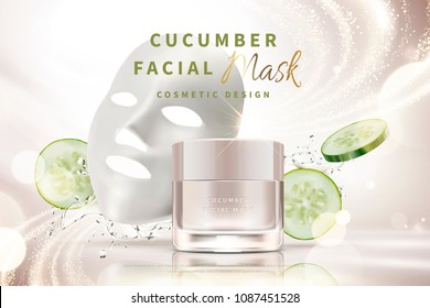 Cucumber facial mask cream jar with splashing water and ingredients in 3d illustration