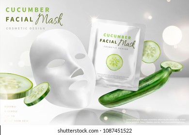 Cucumber facial mask with ingredients in 3d illustration, glitter pearl white background