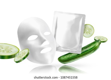 Cucumber facial mask with ingredients in 3d illustration on white background