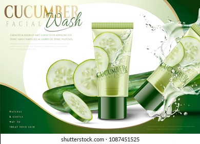 Cucumber facial mask with splashing water and ingredients in 3d illustration