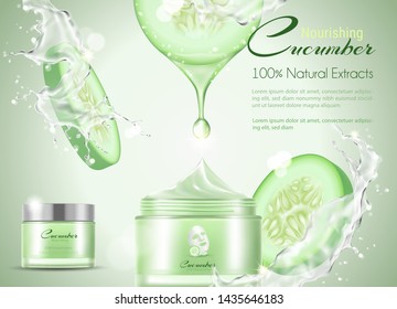 Cucumber facial mask whitening natural with splashing water and green bottle. Vector 3d illustration.