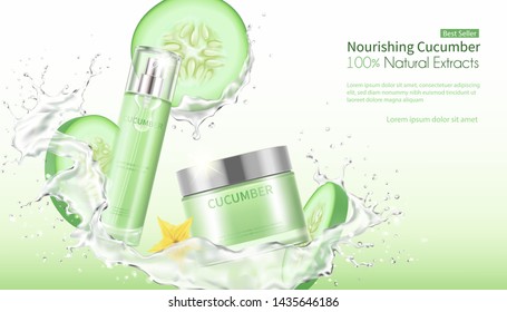 Cucumber facial mask whitening natural with splashing water and green bottle. Vector 3d illustration.