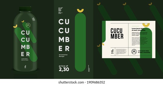 Cucumber. Flat vector illustration. Price tag, label, packaging and product poster. Label design template on a bottle. Minimalistic, modern label.