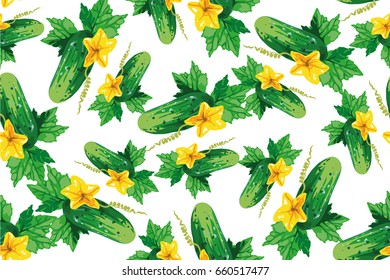 Cucumber with flower and leaves vector seamless pattern isolated on white