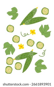 Patrón de pepino y flores con hojas verdes y flores amarillas. Cartel de vegetales minimalista contemporáneo con colores brillantes. Diseño de Vertical moderno.