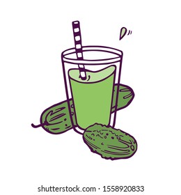 Cucumber fresh juice or smoothie. Hand-drawn illustration in cartoon style. Isolated on white background