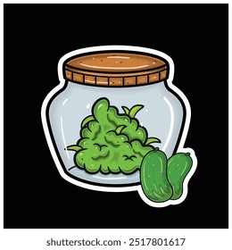 Sabor de fruta de pepino con mascota de dibujos animados de Weed Bud en tarro. Para pegatina y etiqueta. Vector e ilustración.