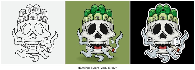 Cucumber Fruit Inside Skull Head With Smoking Character Cartoon. Black White, Colorful and Sticker Style. For T shirt print, Brand Logo, Label and Mascot product. Vectors Illustrations