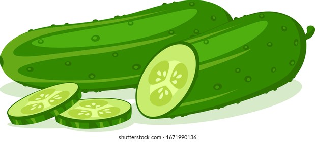 Cucumber and half with sliced rings on a white background.