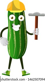 Cucumber with hammer, illustration, vector on white background.