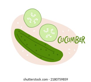 Cucumber hand drawn doodle sketch isolated. Flat vector Food template for menu, sticker, logo, detox diet concept, farmers market. Whole cucumber and chopped pieces. Fresh farm vegetables for diet