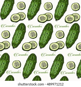 Cucumber hand drawn vector seamless pattern. Vector illustration for your design