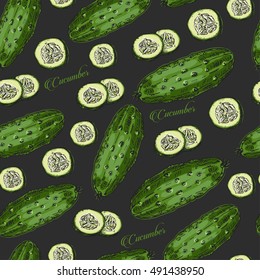 Cucumber hand drawn vector seamless pattern. Vector illustration for your design