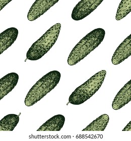 Cucumber hand drawn vector seamless pattern. Retro Vegetable engraved style object. Can be use for menu, label, farm market