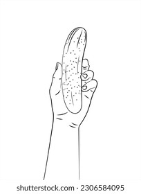 Cucumber. Un pepino en la mano. Una verdura en mano humana. Alimentos saludables. Fondo blanco de ilustración vectorial aislada. Ilustración en blanco y negro. Dibujo de línea.