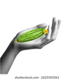 cucumber in hands, Halftone illustration of hands tenderly holding olives, black and white dotted texture, retro pop art style design isolated on white background, summer fruits concept. Vector