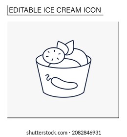 Cucumber Ice Cream Line Icon. Delicious Dessert. Tasty Frozen Ice Balls In Paper Bowl With Sliced Cucumber And Mint Decoration. Vegetable Sundae. Isolated Vector Illustration.Editable Stroke