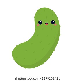 Icono de pepino. Hortalizas de dibujos animados. Carácter kawaii con cara sonriente, ojos. Educación infantil. Colección de verduras. Símbolo de signo de la comida. Diseño plano. Fondo blanco. Aislado. Ilustración del vector