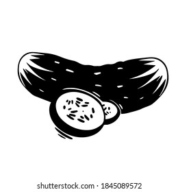 Cucumber icon illustration black and white vector illustration. Vector logo symbol of cucumber with slice in  monochrome. Cab be used in cafe decoration, food packing. Food vector icon