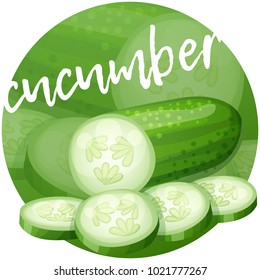 Cucumber icon on bright gradient backdrop. Cartoon vector illustration