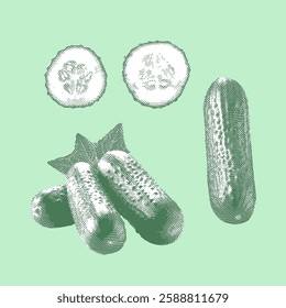 Cucumber illustration, line drawing on green background.