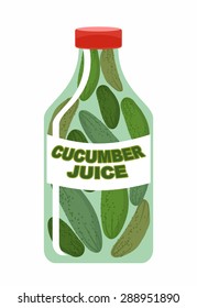Cucumber juice from fresh vegetables. Cucumbers in a transparent bottle. Vitamin drink for healthy eating. Vector illustration.